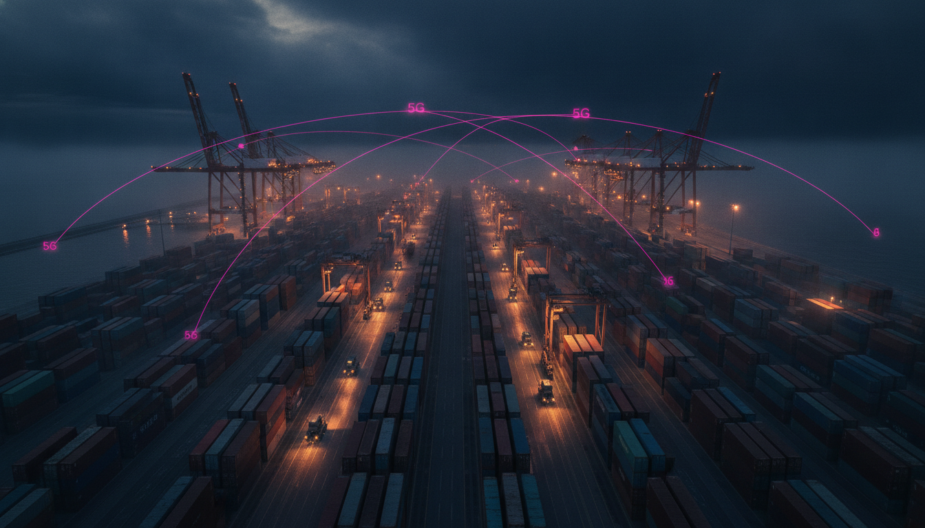 Automatisiertes Containerterminal bei Nacht mit magentafarbenen Funkwellen — privates 5G im Hamburger Hafen