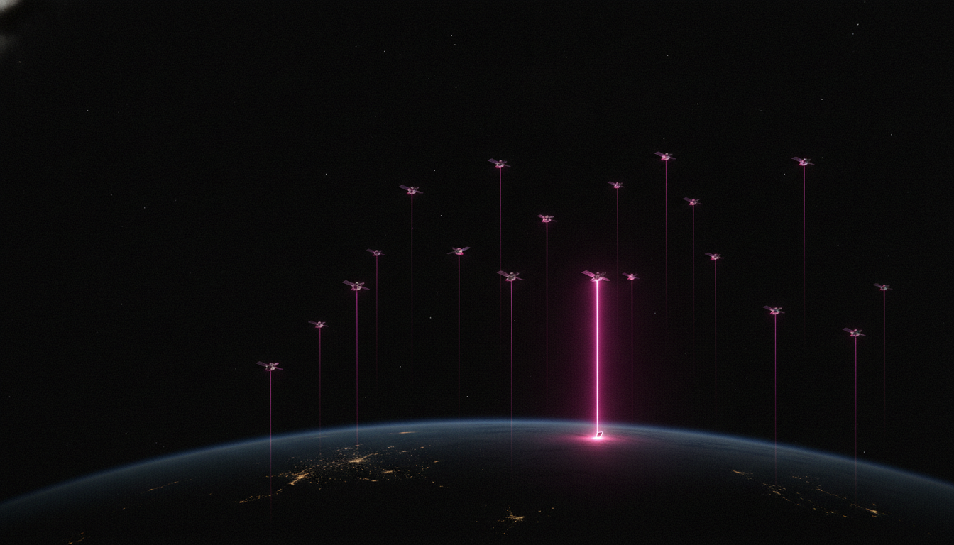 Eine Konstellation kleiner Satelliten im Erdorbit sendet magentafarbene Signalstrahlen hinunter zur Erde — Amazons Direct-to-Device-Netz