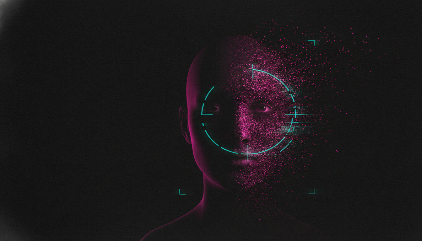 Ein menschliches Profil zerfällt in tausende magentafarbene Punkte und entkommt einem Scanner-Raster — Gegenwehr gegen KI-Erkennung