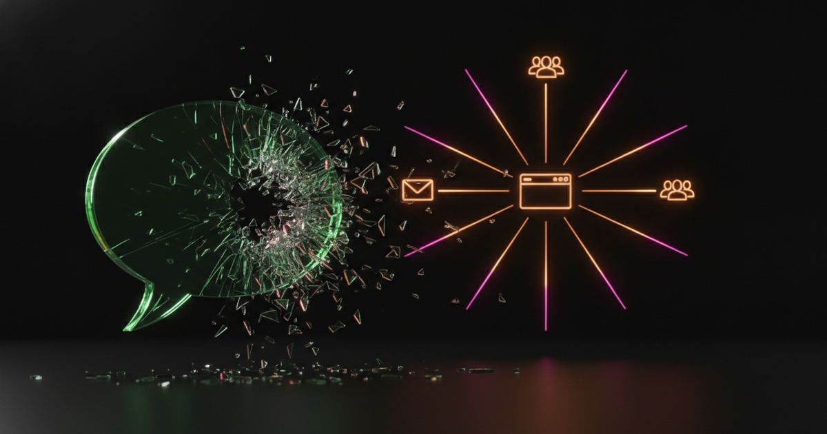 Zersplitterndes Chat-Symbol, dahinter ein stabiles eigenes Netzwerk aus E-Mail, Website und Community
