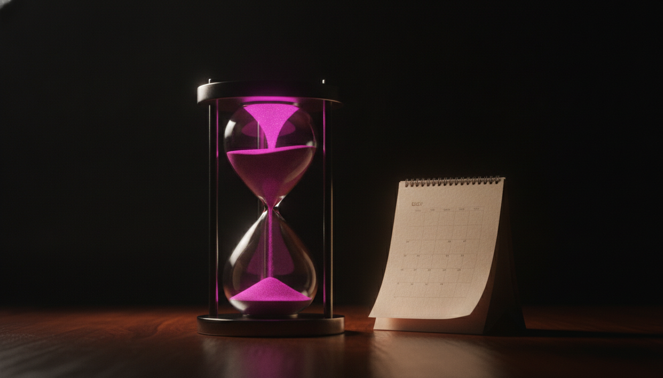 Sanduhr mit magentafarbenem Sand — die immer wieder verlängerte Fable-5-Frist