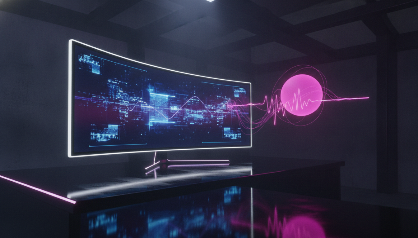 Eine leuchtende magentafarbene KI-Präsenz mit Sprachwelle schwebt neben einem Monitor und blickt auf den Bildschirm — GPT-Live schaut mit und redet mit