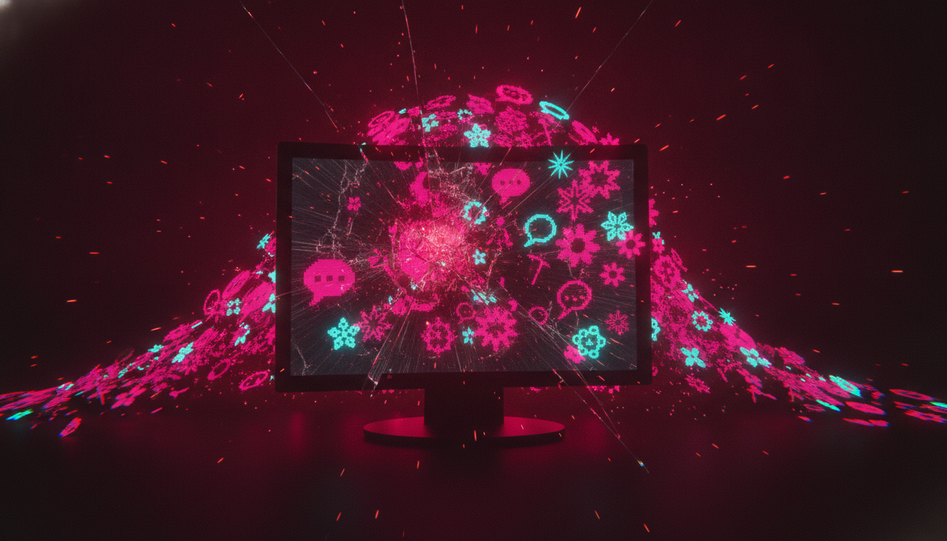 Eine dramatische Welle aus leuchtenden magentafarbenen Retro-Pixel-Icons bricht aus einem zersplitternden Bildschirm hervor, wie eine digitale Invasion