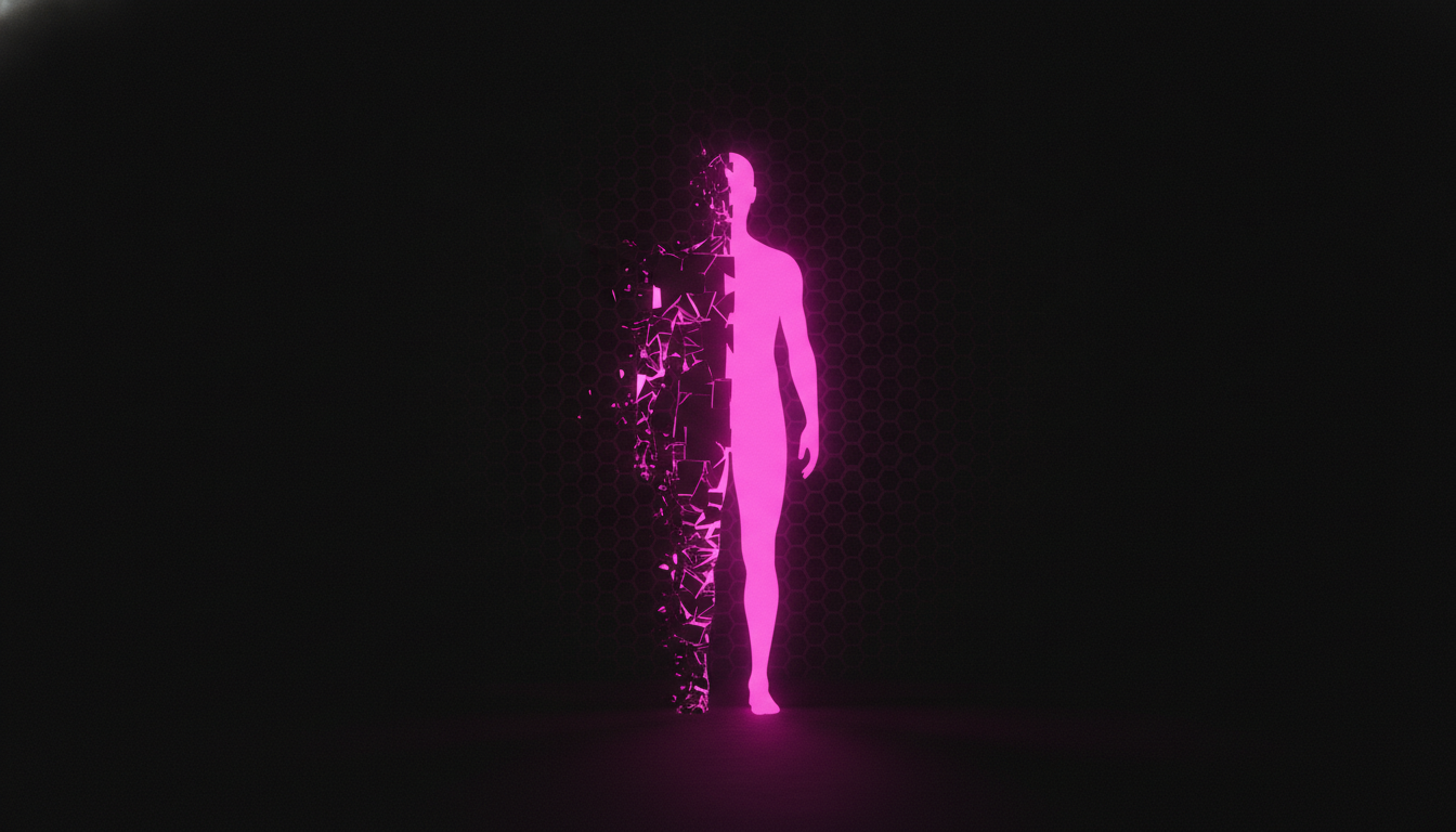 Eine magentafarbene leuchtende digitale Silhouette traegt gleichzeitig ein vertrauenswuerdiges und ein maskiertes Gesicht, wie ein Doppelagent — Sinnbild fuer einen kompromittierten KI-Agenten, der weiterhin volles Vertrauen und volle Rechte im Unternehmen geniesst