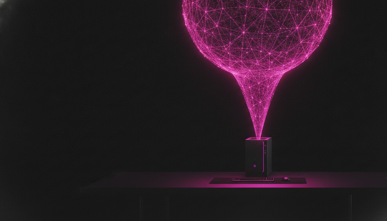 Eine riesige leuchtende magentafarbene KI-Kugel wird in einen kleinen Desktop-Rechner komprimiert — ein großes KI-Modell läuft lokal