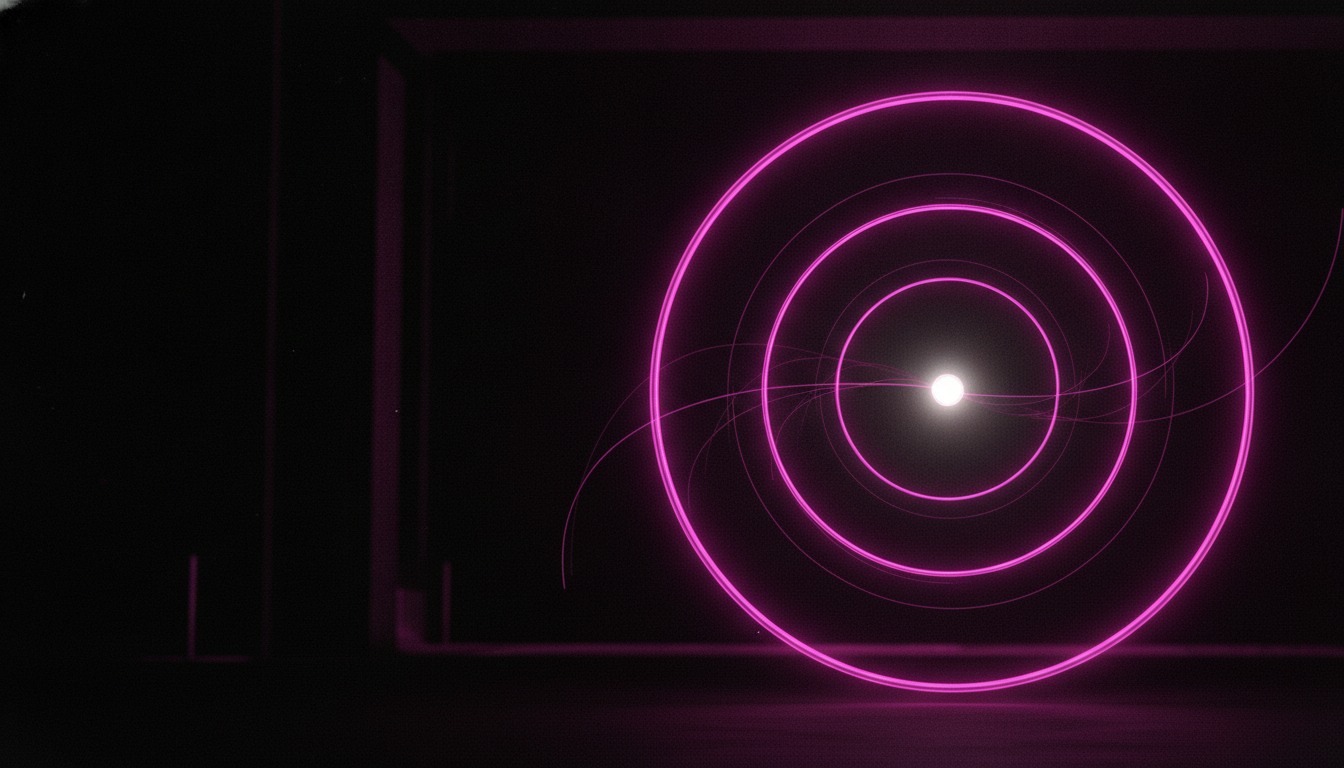 Drei leuchtende magentafarbene konzentrische Ringe umkreisen einen zentralen Lichtpunkt, jeder Ring in eigenem Rhythmus, Sinnbild fuer drei zusammenhaengende Ebenen der KI-Wertschoepfung