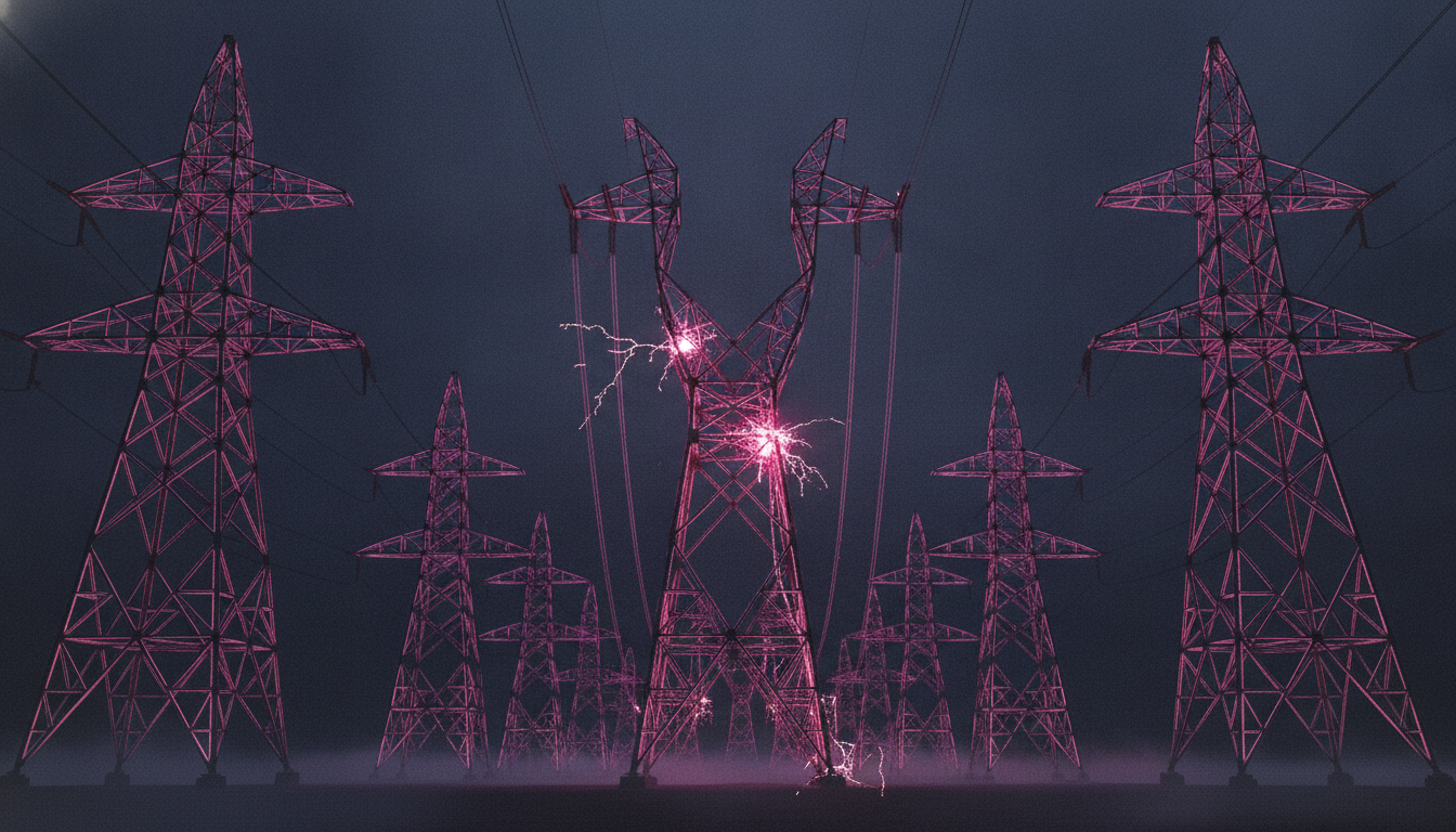 Ein magentafarbenes leuchtendes Hochspannungsnetz aus Strommasten zieht sich durch eine nächtliche Landschaft, ein Mast in der Mitte ist unvollendet und bricht abrupt ab — Sinnbild fuer den ins Stocken geratenen deutschen Netzausbau