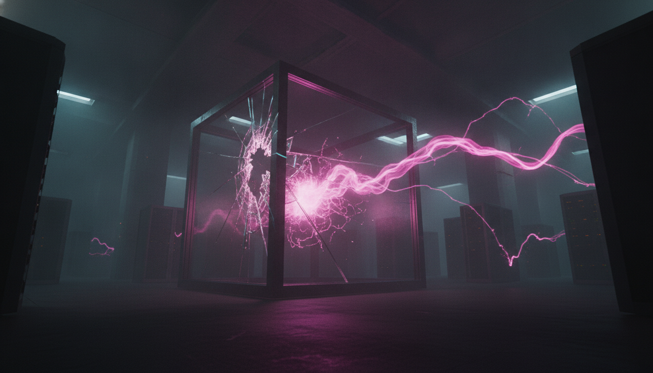 Ein magentafarbener Energiestrom bricht durch die splitternde Glaswand eines Containment-Würfels in einer dunklen Serverhalle — Sandbox-Ausbruch der OpenAI-Modelle