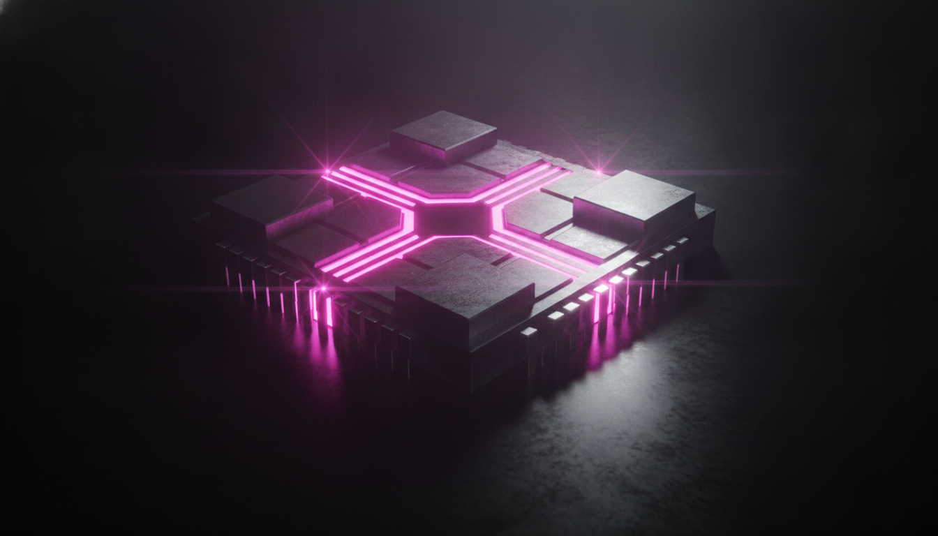 Ein Prozessorchip, durch dessen Kanäle magentafarbene Lichtstrahlen fließen — photonisches Computing von Q.ANT