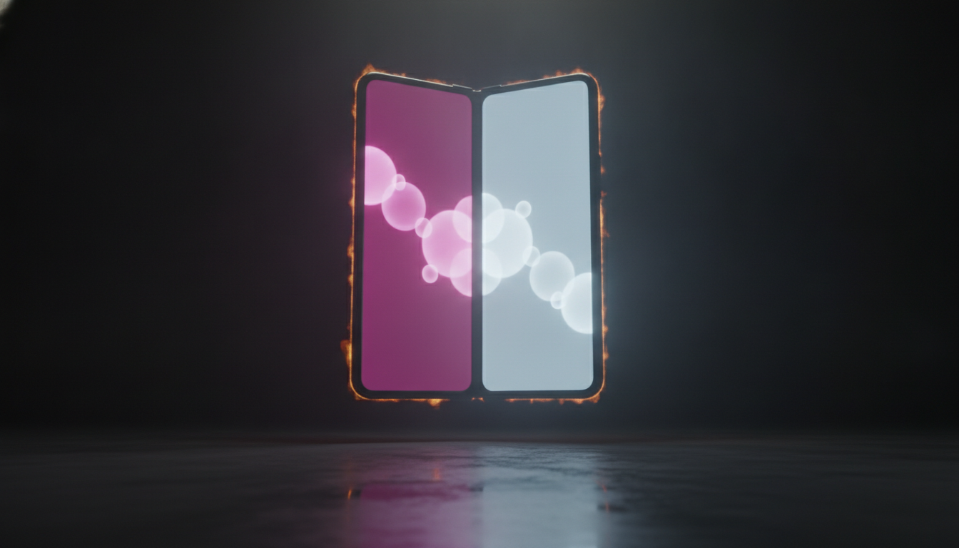 Ein aufgeklapptes Falt-Smartphone mit geteiltem Bildschirm, links magenta, rechts weiß — zwei KI-Apps nebeneinander auf dem großen Falt-Display