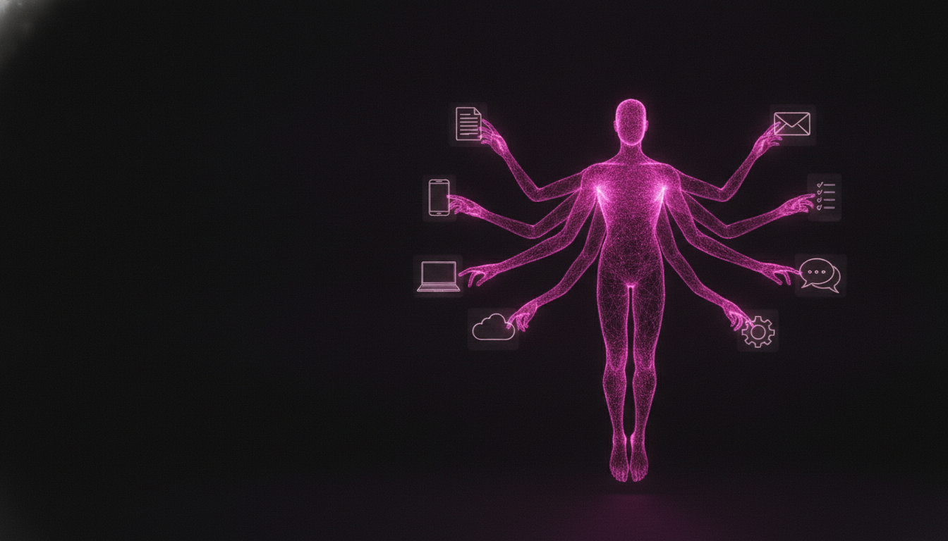 Ein leuchtendes magentafarbenes Wesen mit acht dünnen Lichtarmen, die gleichzeitig an Laptop, Smartphone, Dokumenten und Cloud-Symbolen arbeiten, Sinnbild fuer den autonomen KI-Agenten Grok Bot