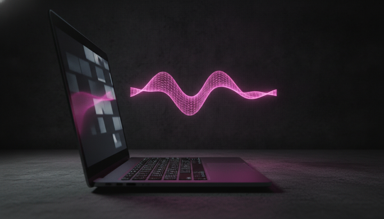 Ein transparentes leuchtendes magentafarbenes Schallwellen-Symbol schwebt unsichtbar neben einem Laptop-Bildschirm in einer Videokonferenz, ohne als Teilnehmer-Kachel sichtbar zu sein — Sinnbild fuer einen botfreien KI-Notetaker